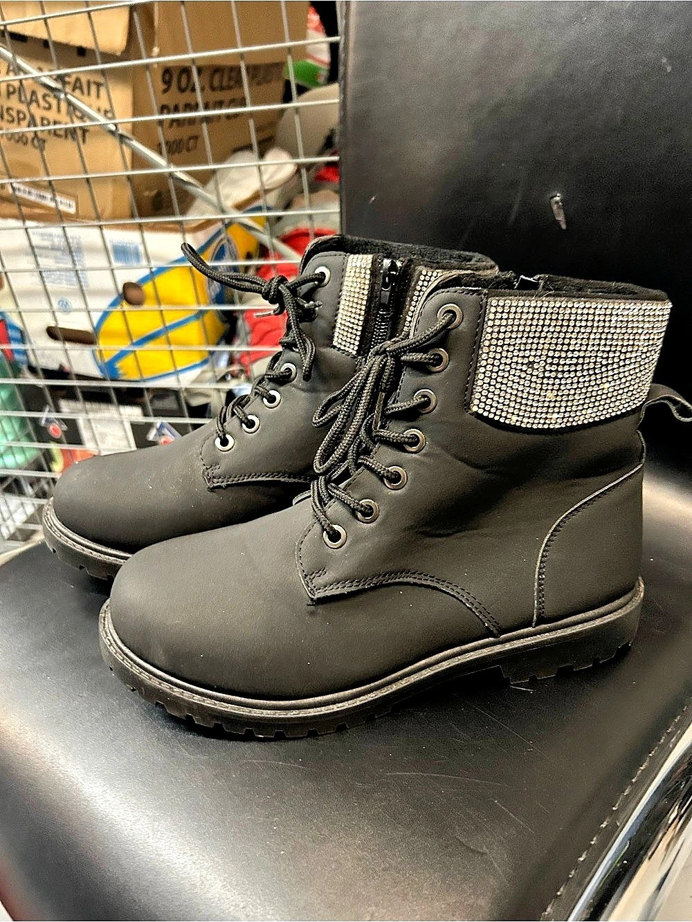 Rhinestone Cuff ankle Combat Boots in Black & Silver timberland style sz 8 women